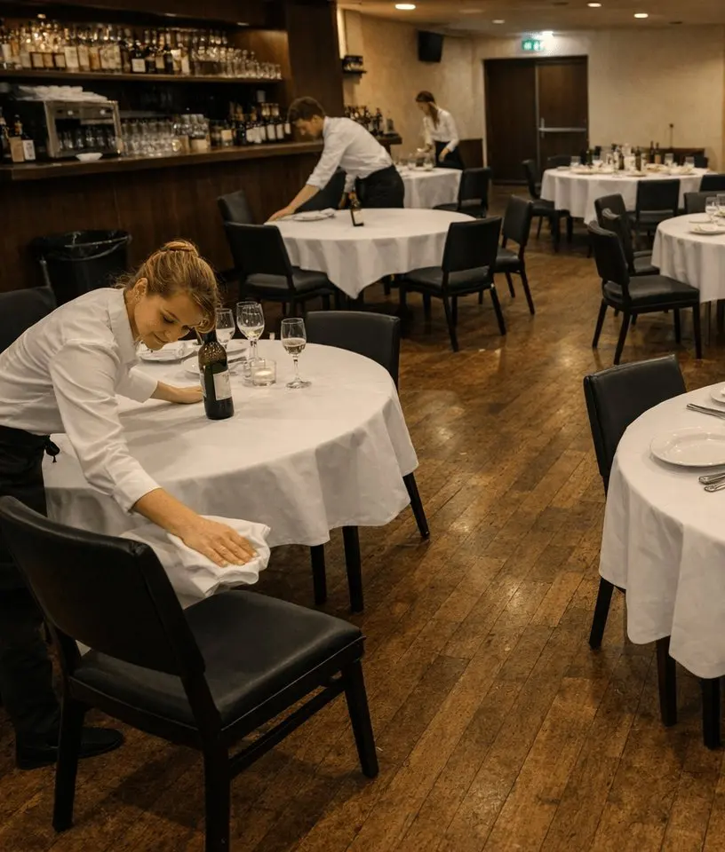 Servicekräfte decken die Tische in einem Bankettsaal ein
