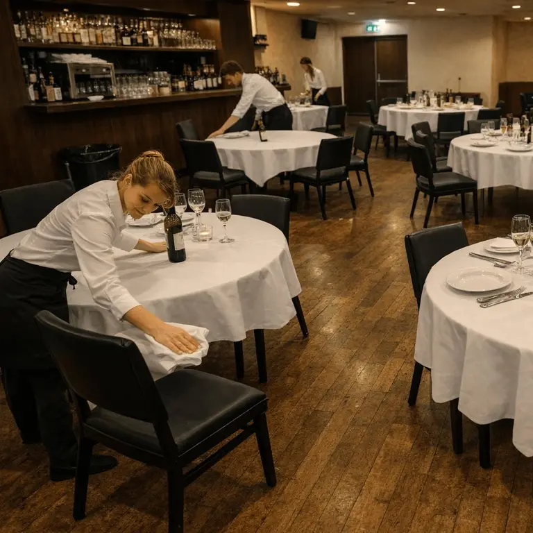 Servicekräfte decken die Tische in einem Bankettsaal ein