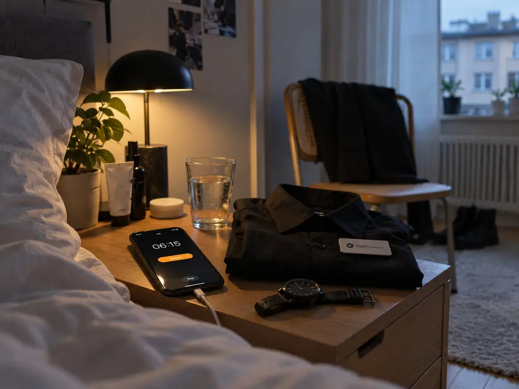 Handywecker auf dem Nachttisch steht auf 06:15, Arbeitshemd mit Namensschild und Uhr liegen bereit: Pünktlichkeit fängt beim Aufstehen an