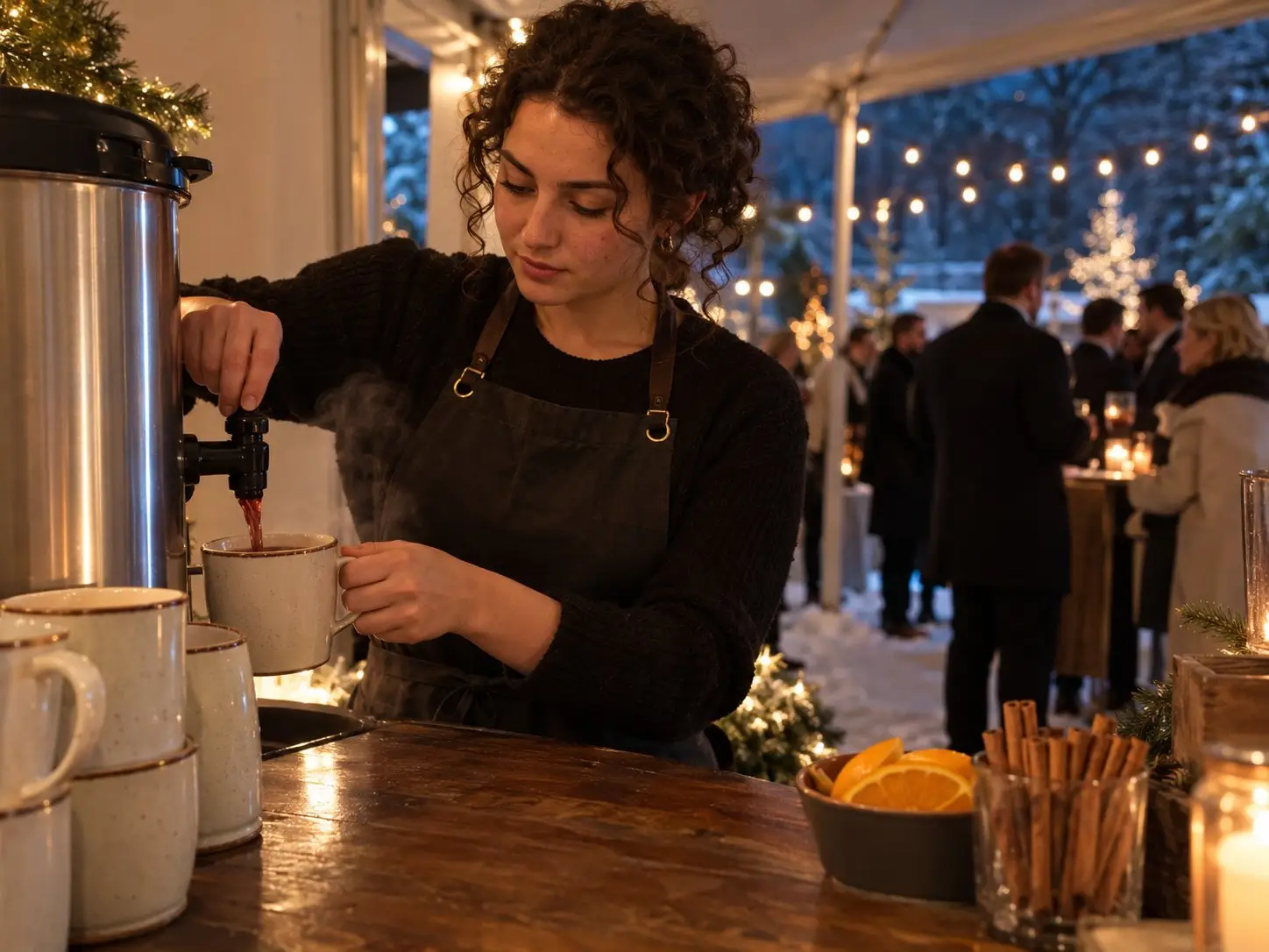 Server pours mulled wine from an urn at a wintry company party